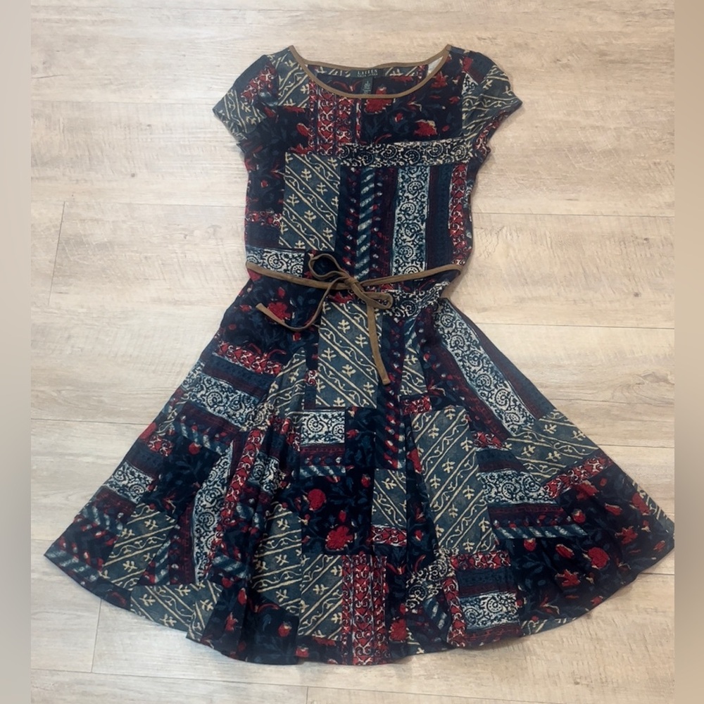 Lauren Ralph Lauren Patchwork Faux Suede Trim Dress Size Small